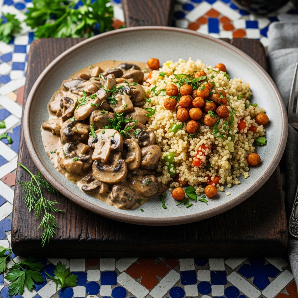 Vegan Australian Lunch: Mushroom Stroganoff with Crispy Chickpeas and Quinoa Pilaf