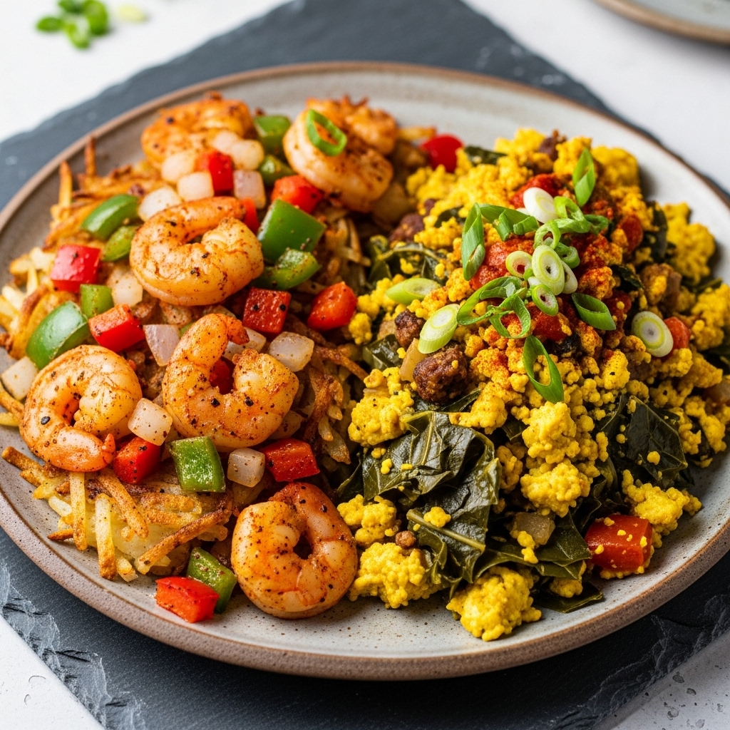Vegan Cajun Brunch Feast: Shrimp-less Creole Hash Browns & Vegan Cajun Scramble
