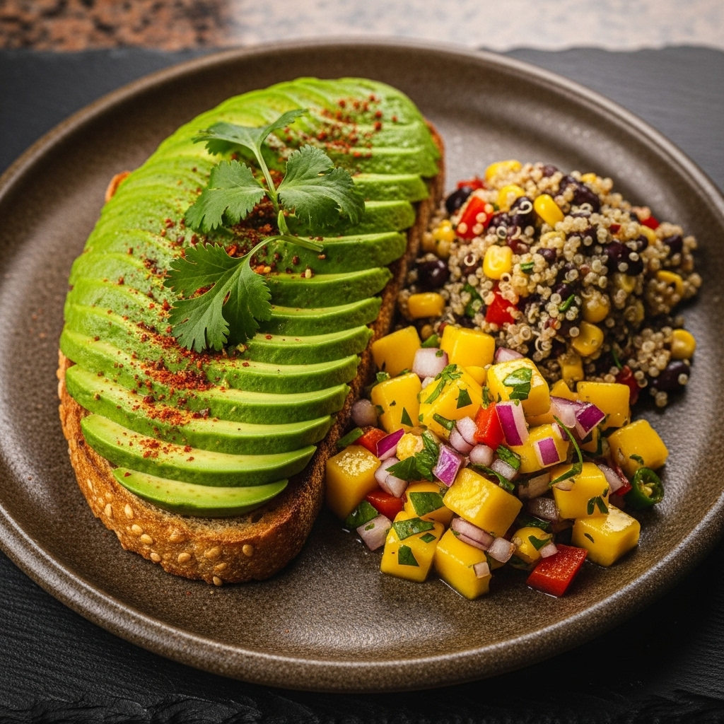 Vegan Chilean Brunch Delight: Aromatic Avocado Toast with Mango Salsa and Quinoa Salad