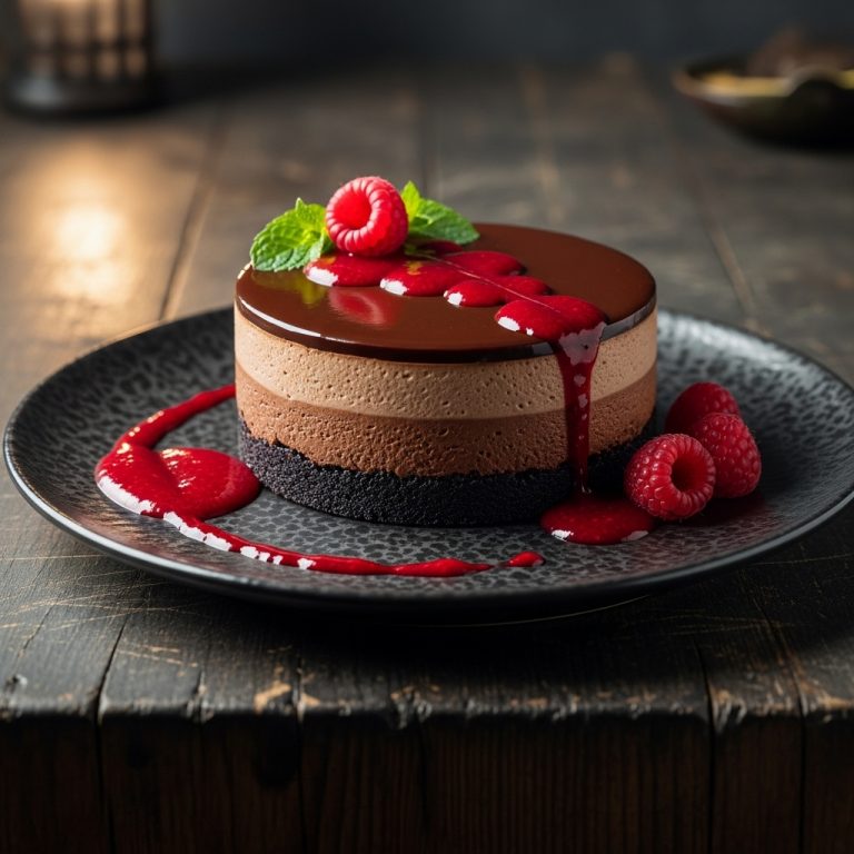 Vegan Chocolate Avocado Mousse Torte with Raspberry Coulis