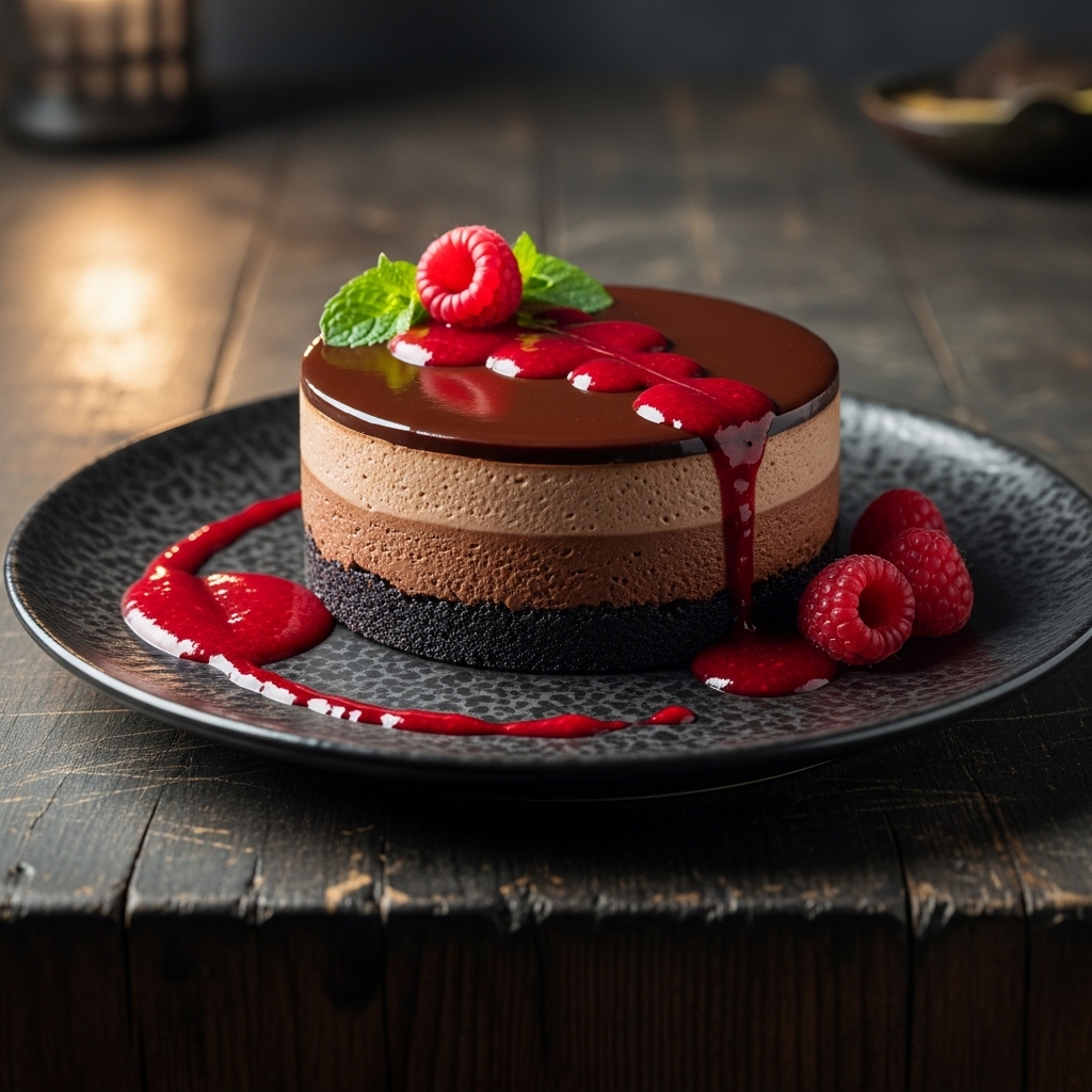Vegan Chocolate Avocado Mousse Torte with Raspberry Coulis