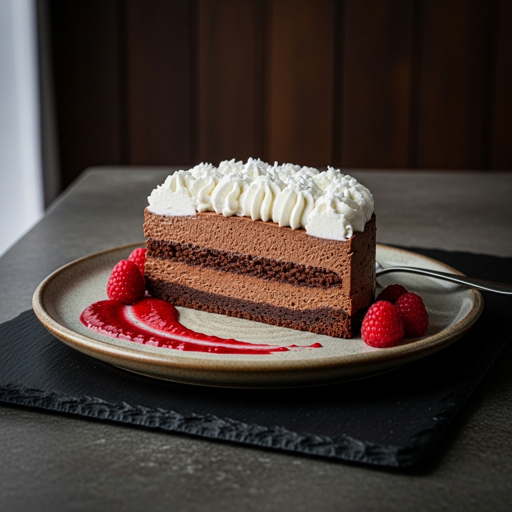 Vegan Chocolate Mousse Torte with Raspberry Sauce and Coconut Whip