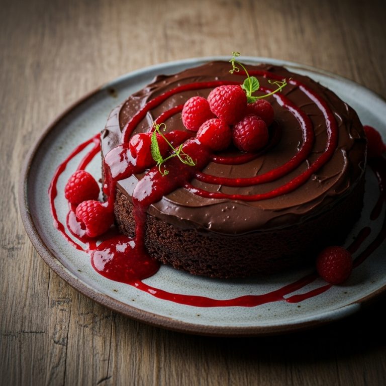 Vegan Chocolate Truffle Torte with Raspberry Coulis