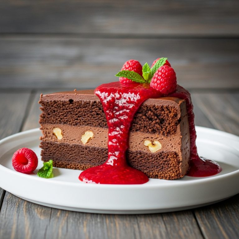 Vegan Chocolate Walnut Torte with Raspberry Coulis – A Decadent Hungarian Dessert Experience!