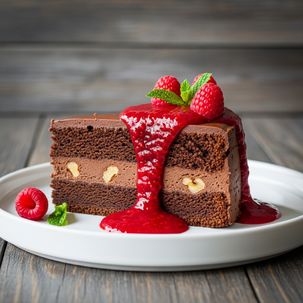 Vegan Chocolate Walnut Torte with Raspberry Coulis – A Decadent Hungarian Dessert Experience!