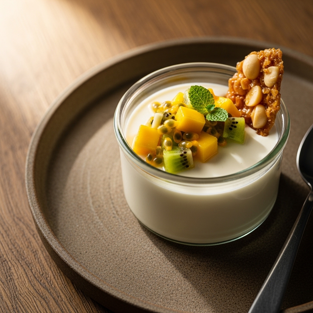 Vegan Coconut-Lime Panna Cotta with Tropical Fruit Salsa and Macadamia Nut Brittle