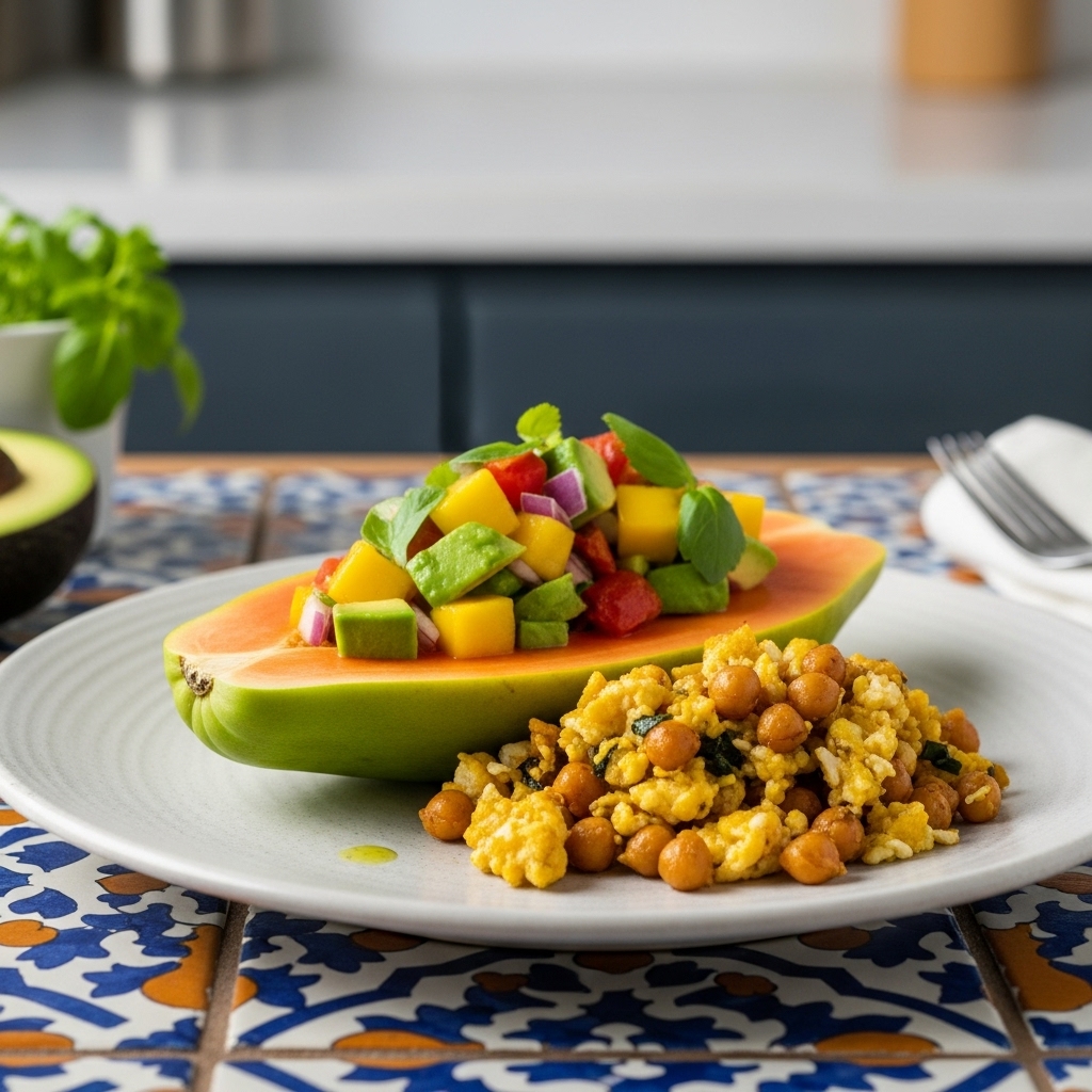Vegan Cuban Brunch: Tropical Papaya Boat with Mango-Avocado Salsa & Smoky Chickpea Scramble