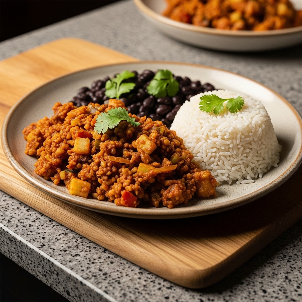“Vegan Cuban Feast: Mouthwatering Plant-Based Picadillo & Black Beans with Cilantro Rice”