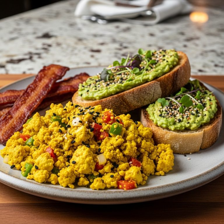 Vegan Delight: Mouthwatering American Breakfast Platter with Tofu Scramble, Avocado Toast, and Chickpea Bacon