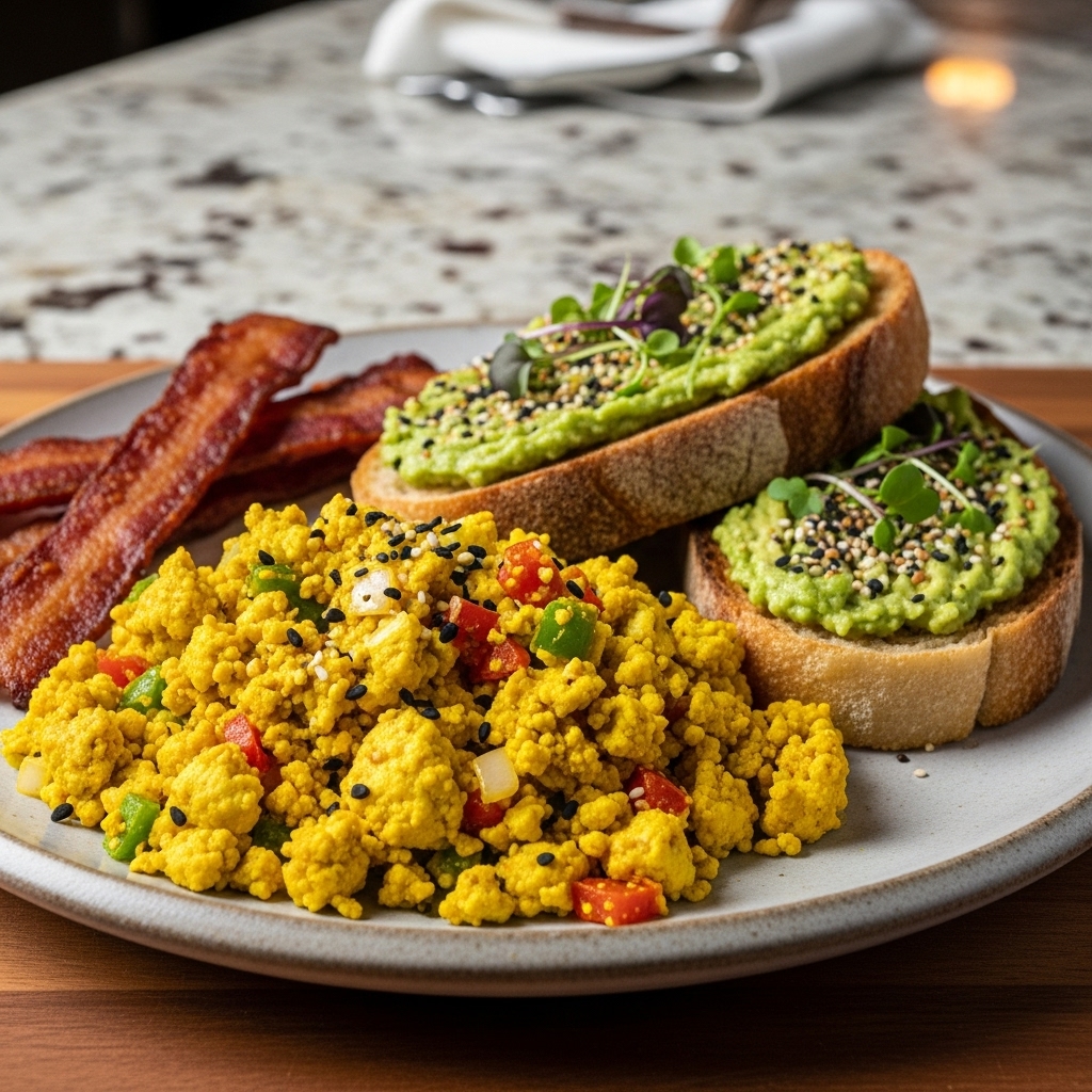 Vegan Delight: Mouthwatering American Breakfast Platter with Tofu Scramble, Avocado Toast, and Chickpea Bacon