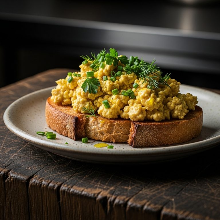 Vegan Delight: Mouthwatering Creamy Scrambled Tofu on Toast with Aromatic Herbs
