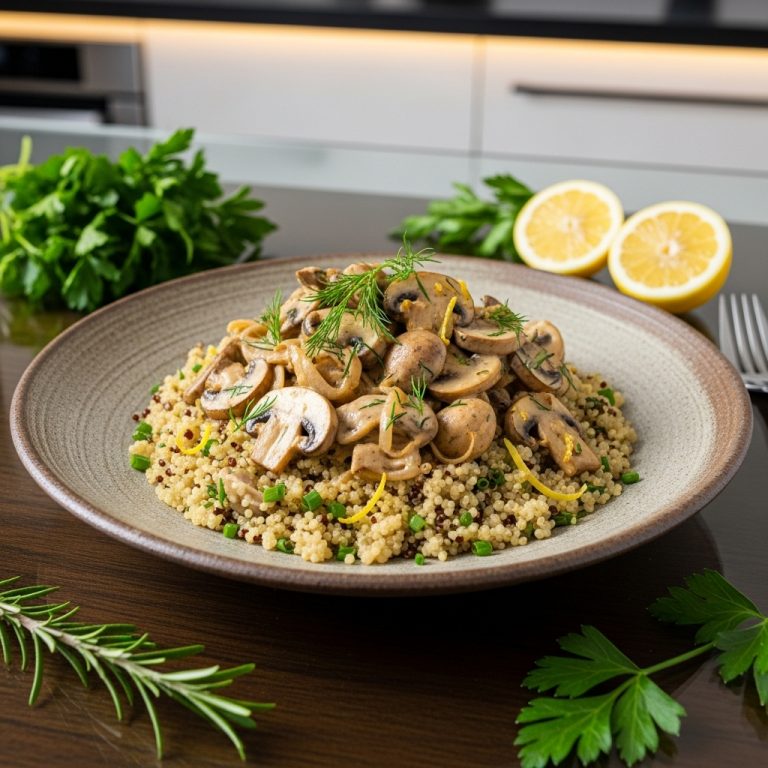 Vegan Dutch Delight: Creamy Mushroom Stroganoff Over Lemon Herb Quinoa