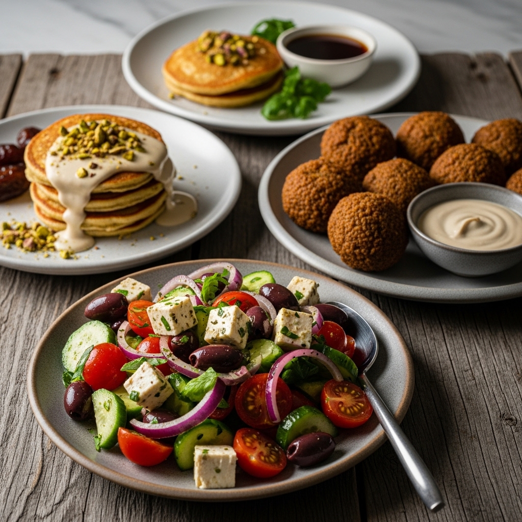 Vegan Egyptian Brunch: Delightful Falafel Feta Salad & Tahini Dream Pancakes