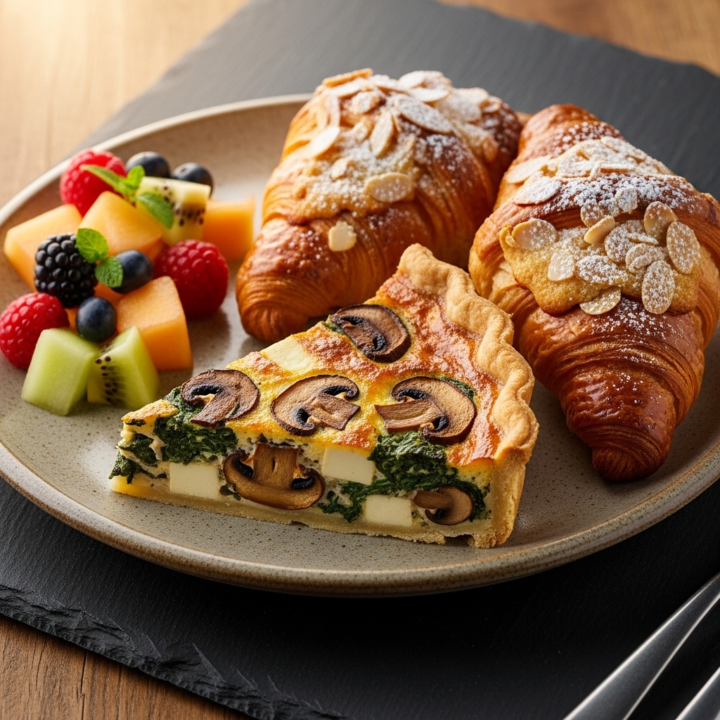 Vegan French Breakfast: Mushroom Quiche and Almond Croissants with Seasonal Fruit Salad