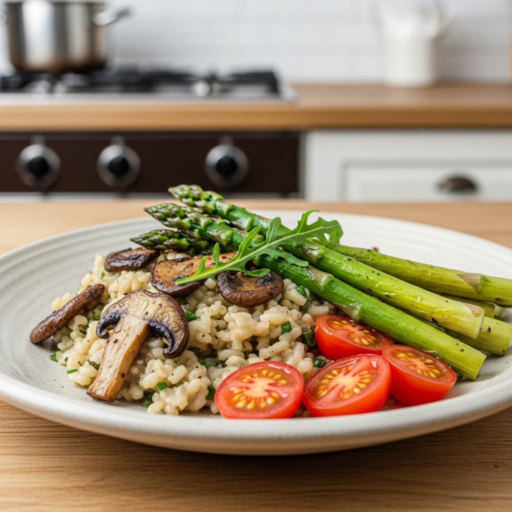 Vegan French Lunch Masterpiece: Aromatic Wild Mushroom Risotto with Roasted Asparagus & Cherry Tomato Salad