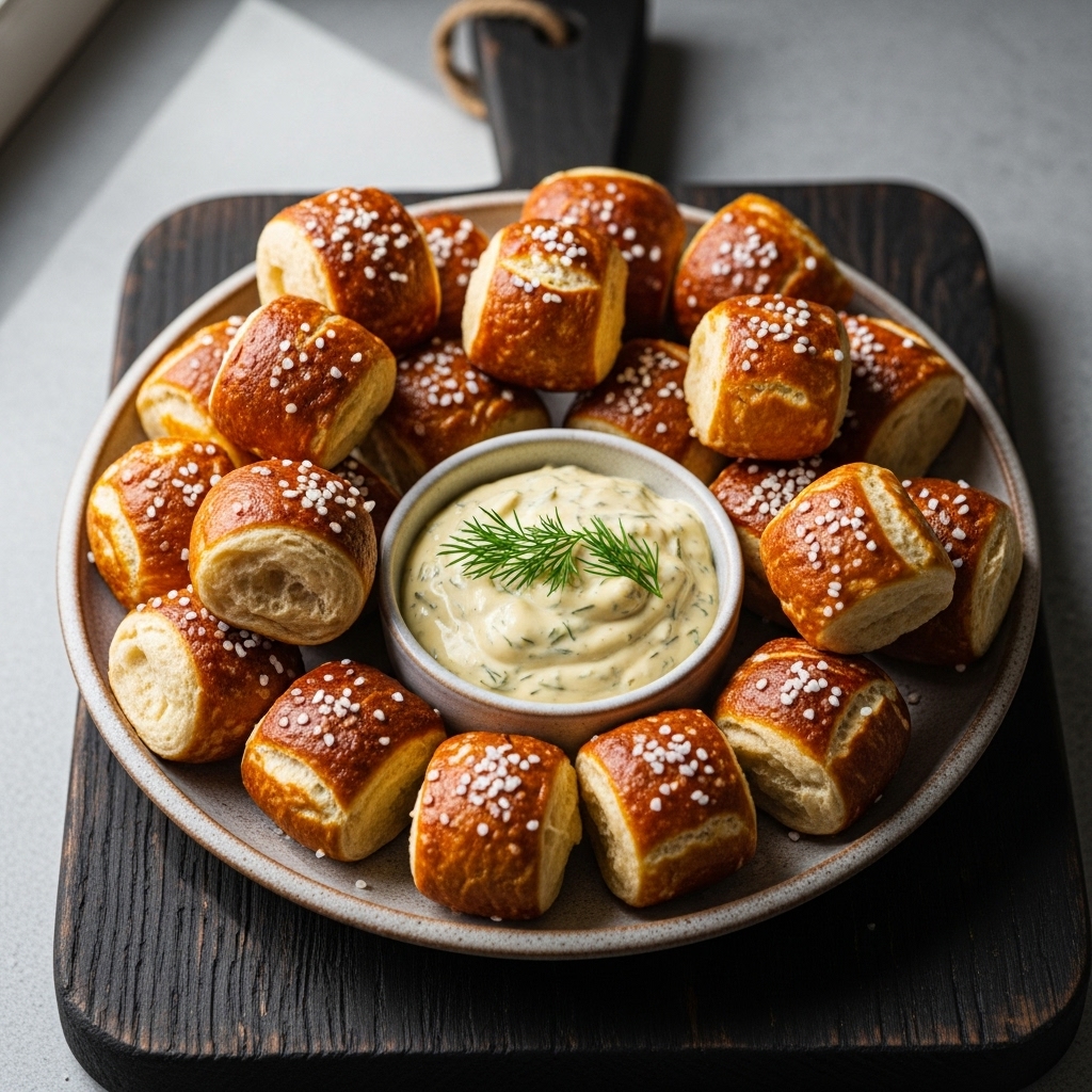 “Vegan German Pretzel Bites with Creamy Dill Mustard Sauce”