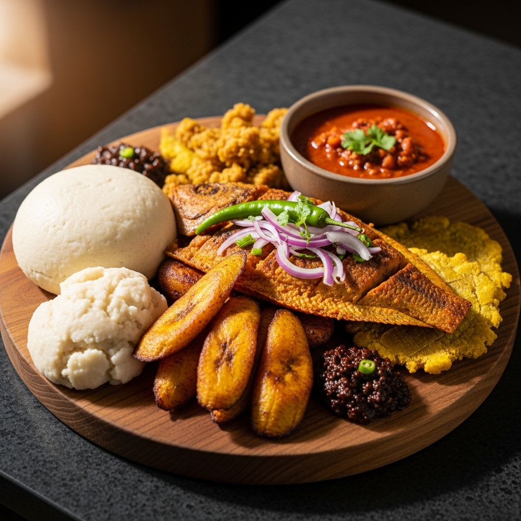 Vegan Ghanaian Breakfast Feast: A Taste of Authentic Fufu with Kelewele & Plant-Based Tilapia