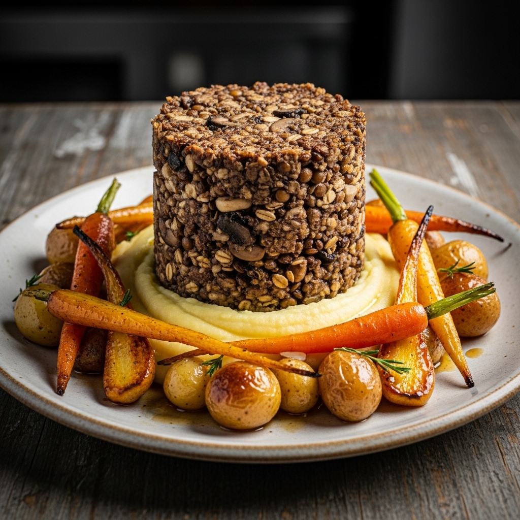Vegan Haggis Tower with Creamy Neaps and Whisk(e)y-Glazed Root Vegetables