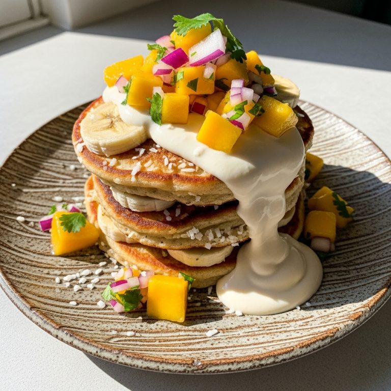 “Vegan Hawaiian Brunch Delight: Tropical Banana-Coconut Pancakes with Mango Salsa & Cashew Cream”