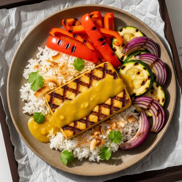 Vegan Hawaiian Luau Feast: Pineapple Curry Tofu Steak, Coconut Rice, and Grilled Vegetables