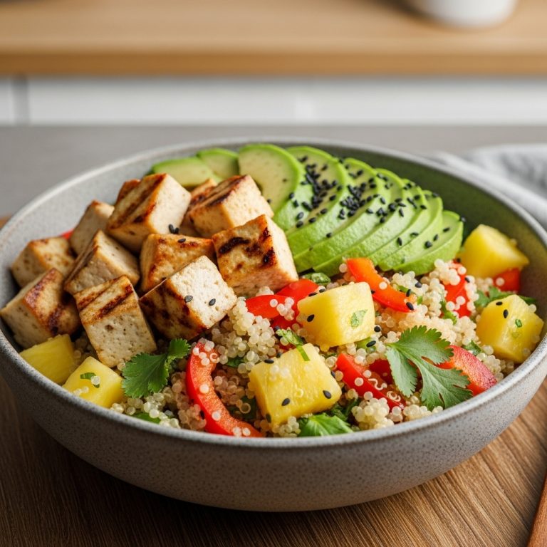 Vegan Hawaiian Lunch Bowl: Pineapple Quinoa Salad with Tofu and Avocado