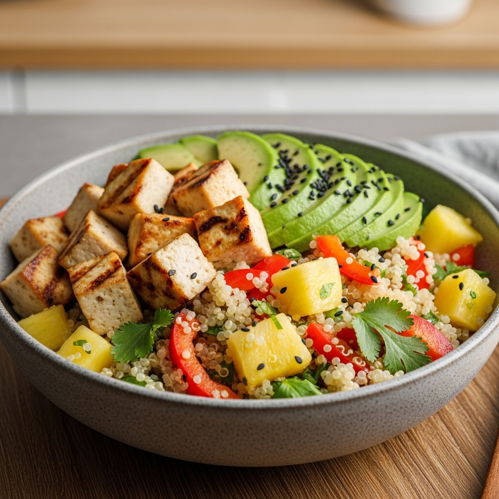 Vegan Hawaiian Lunch Bowl: Pineapple Quinoa Salad with Tofu and Avocado