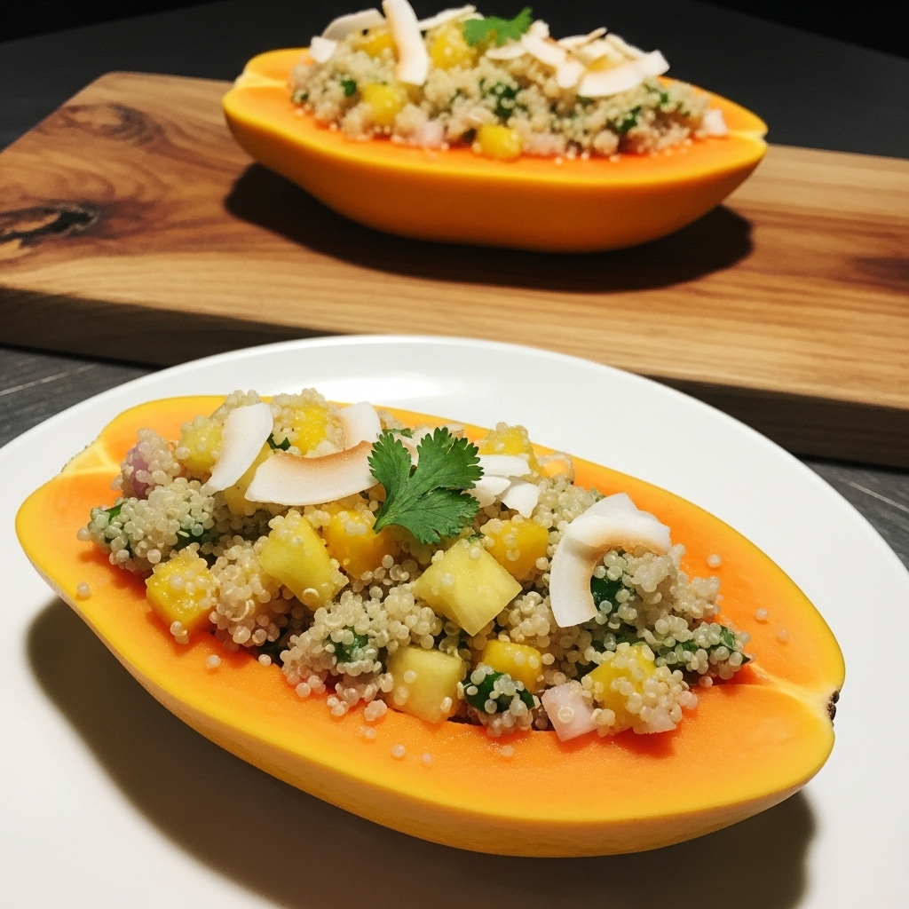 Vegan Hawaiian Snack: Tropical Papaya Boats Stuffed with Coconut Quinoa Salad