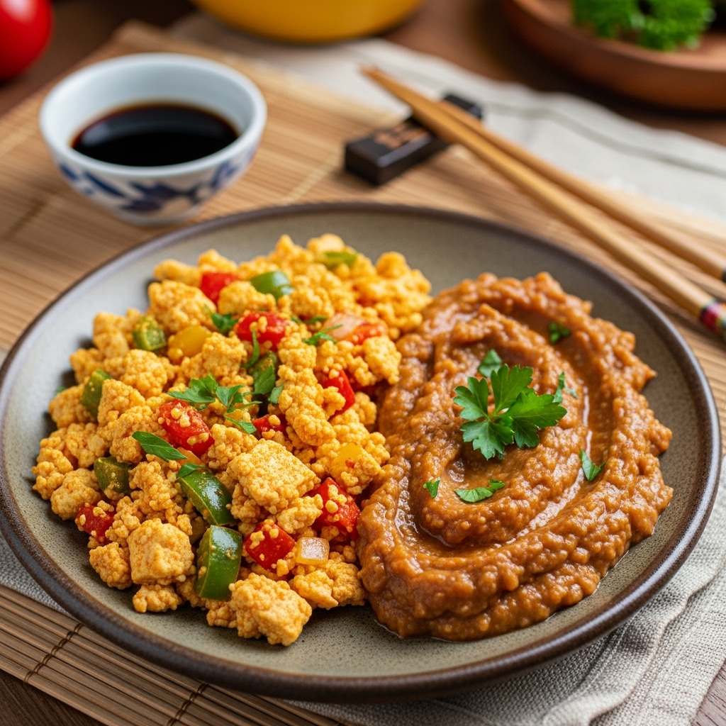 Vegan Hungarian Brunch Delight: Tofu Scramble & Spiced Eggplant Dip