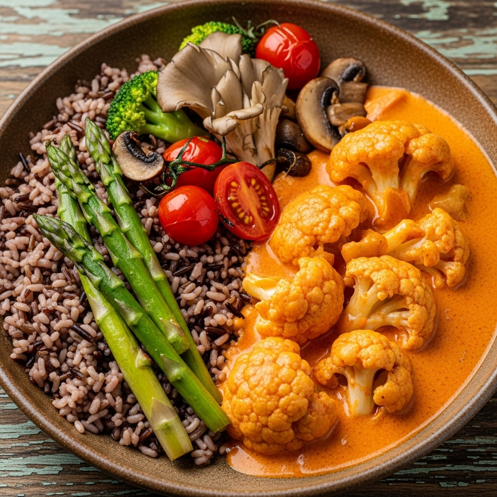 “Vegan Hungarian Cauliflower Paprikash with Wild Rice and Seasonal Vegetables”