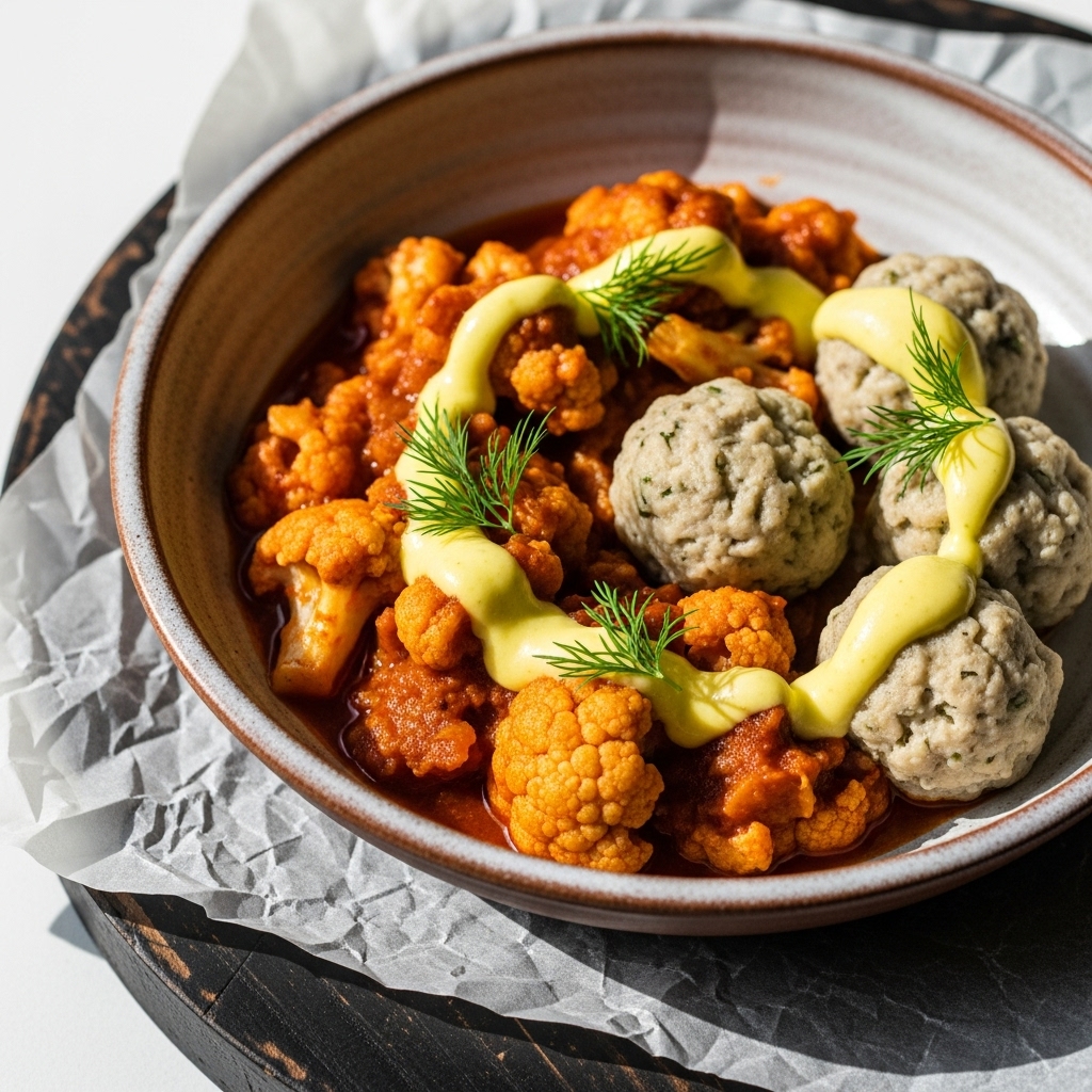 Vegan Hungarian Lunch: Cauliflower Stew with Mushroom Dumplings and Lemon-Dill Sauce