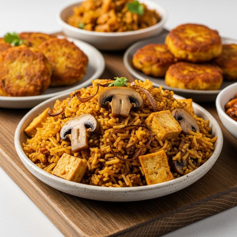 Vegan Indian Breakfast Feast: Delectable Mushroom Biryani with Spiced Tofu and Aloo Tikki