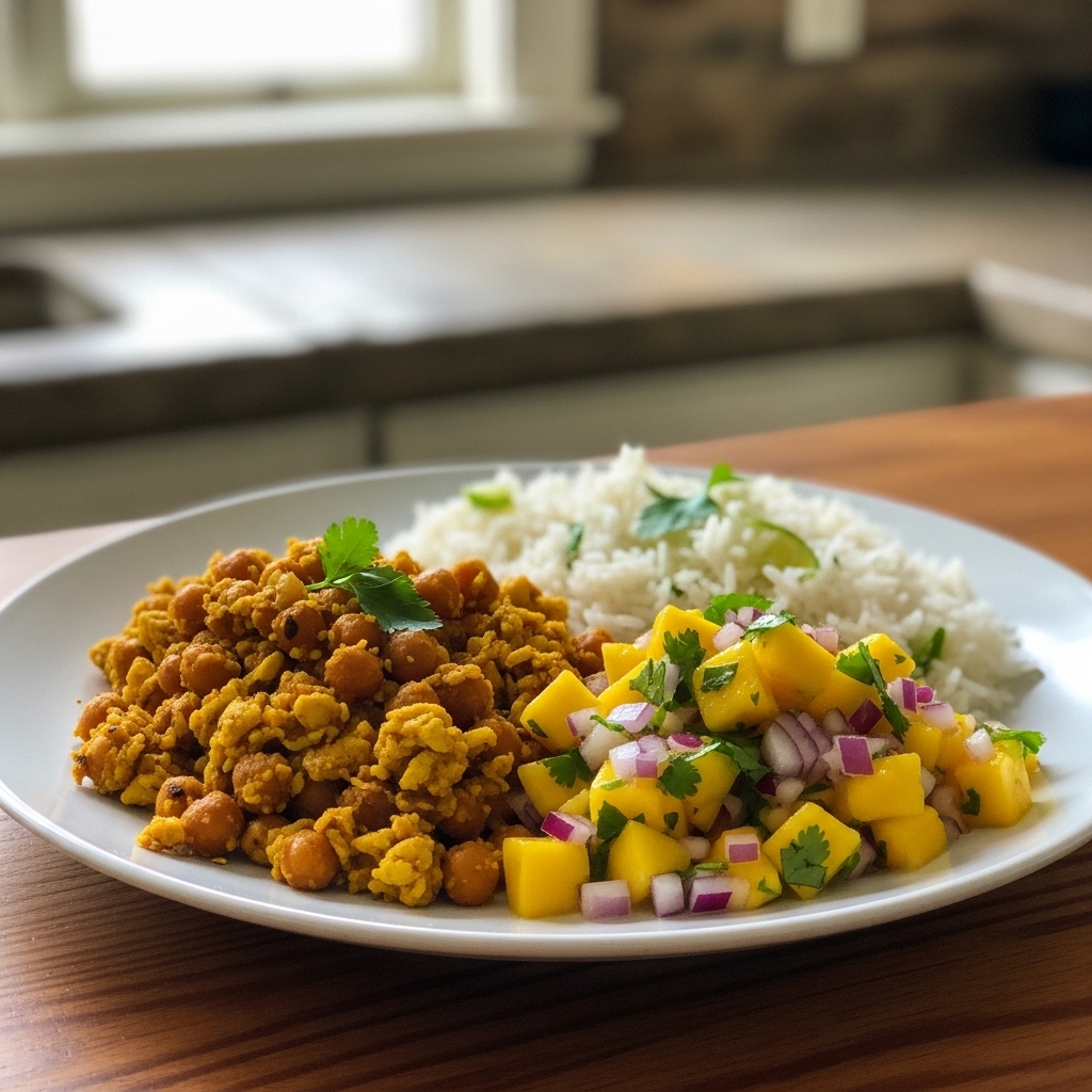 Vegan Indian Brunch Delight: Spicy Chickpea Scramble with Coconut-Lime Rice and Fresh Mango Salsa