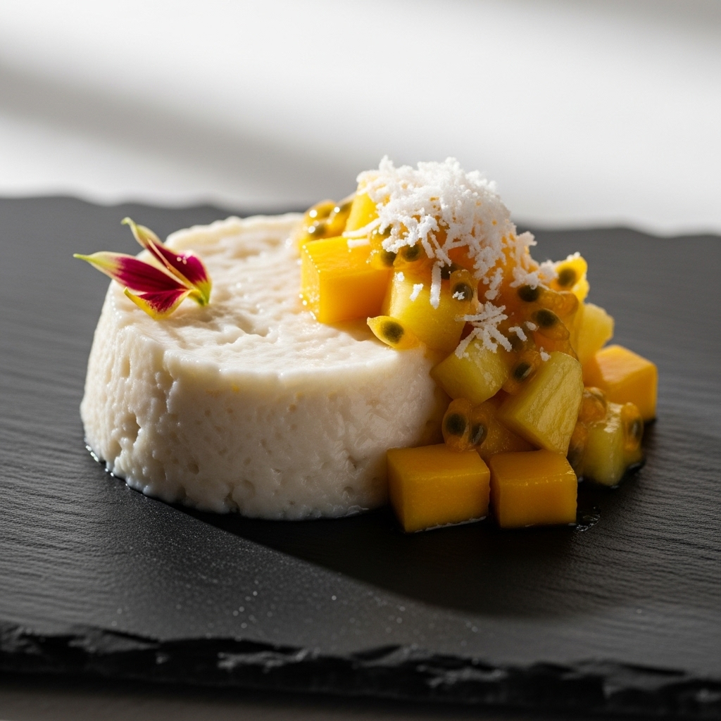 Vegan Indonesian Coconut Rice Pudding with Tropical Fruit Compote (Es Kuning Vegan)