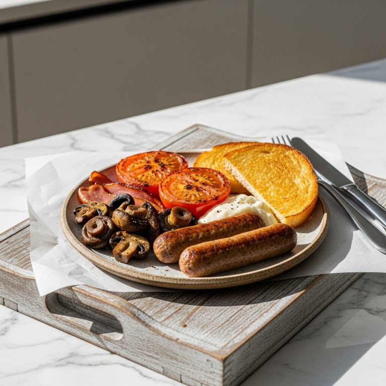 Vegan Irish Breakfast with Plant-Based Sausages, Mushrooms, Tomatoes, and Toast