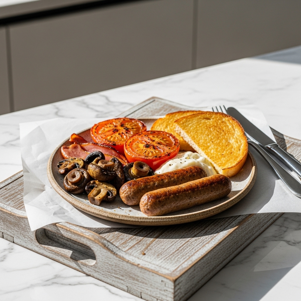 Vegan Irish Breakfast with Plant-Based Sausages, Mushrooms, Tomatoes, and Toast