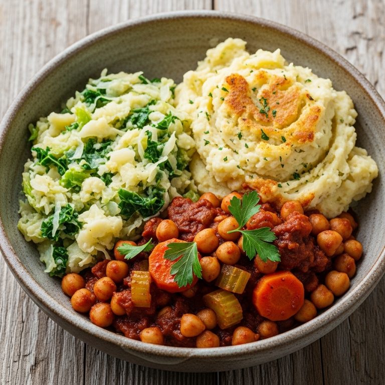 Vegan Irish Lunch Bowl with Seasoned Mashed Potatoes, Colcannon & Smoky Chickpea Stew