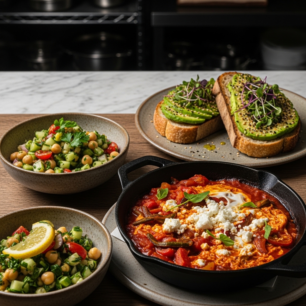 Vegan Israeli Brunch Delight: Shakshuka with Avocado Toast & Chickpea Salad