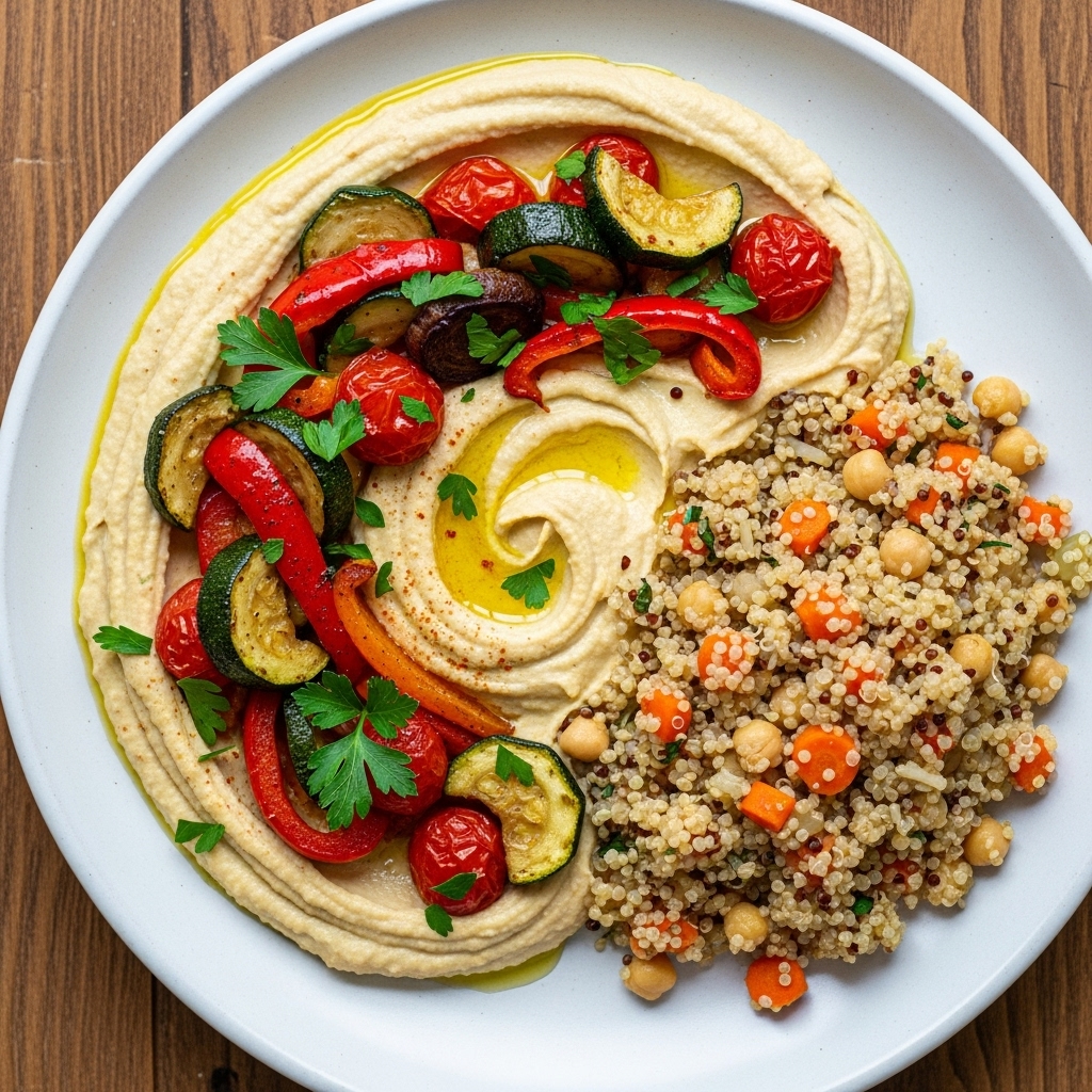 Vegan Israeli Feast: Creamy Hummus Bowl with Roasted Vegetables and Quinoa Pilaf