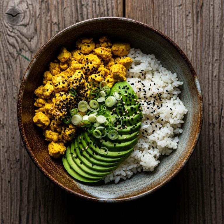Vegan Japanese Breakfast Bowl with Tofu Scramble, Sushi Rice, and Avocado