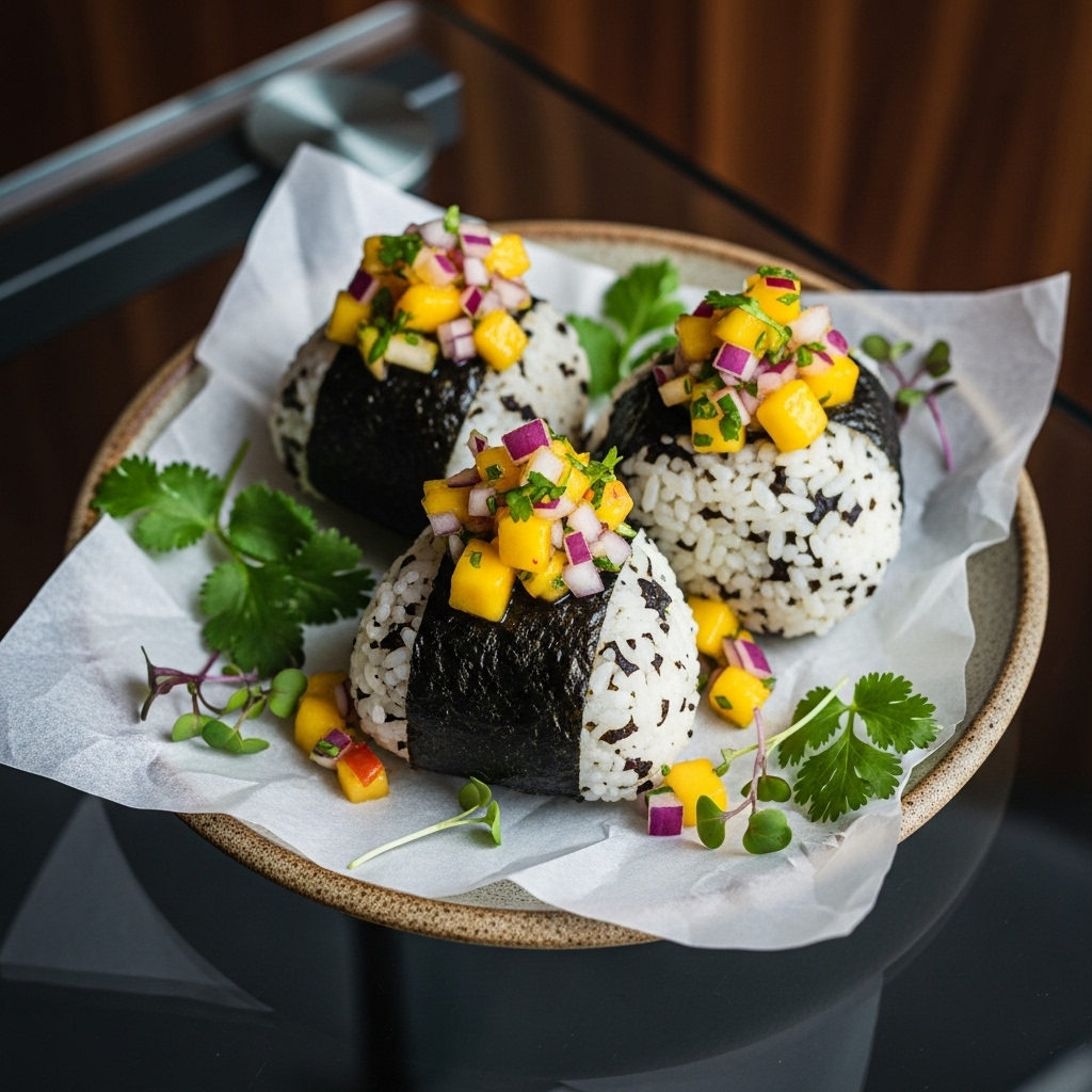 Vegan Japanese Snack Delight – Crispy Seaweed Rice Balls with Tangy Mango Salsa