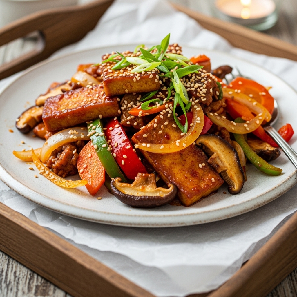 “Vegan Korean Brunch Delight: Spicy Tofu & Vegetable Bulgogi Stir-Fry”