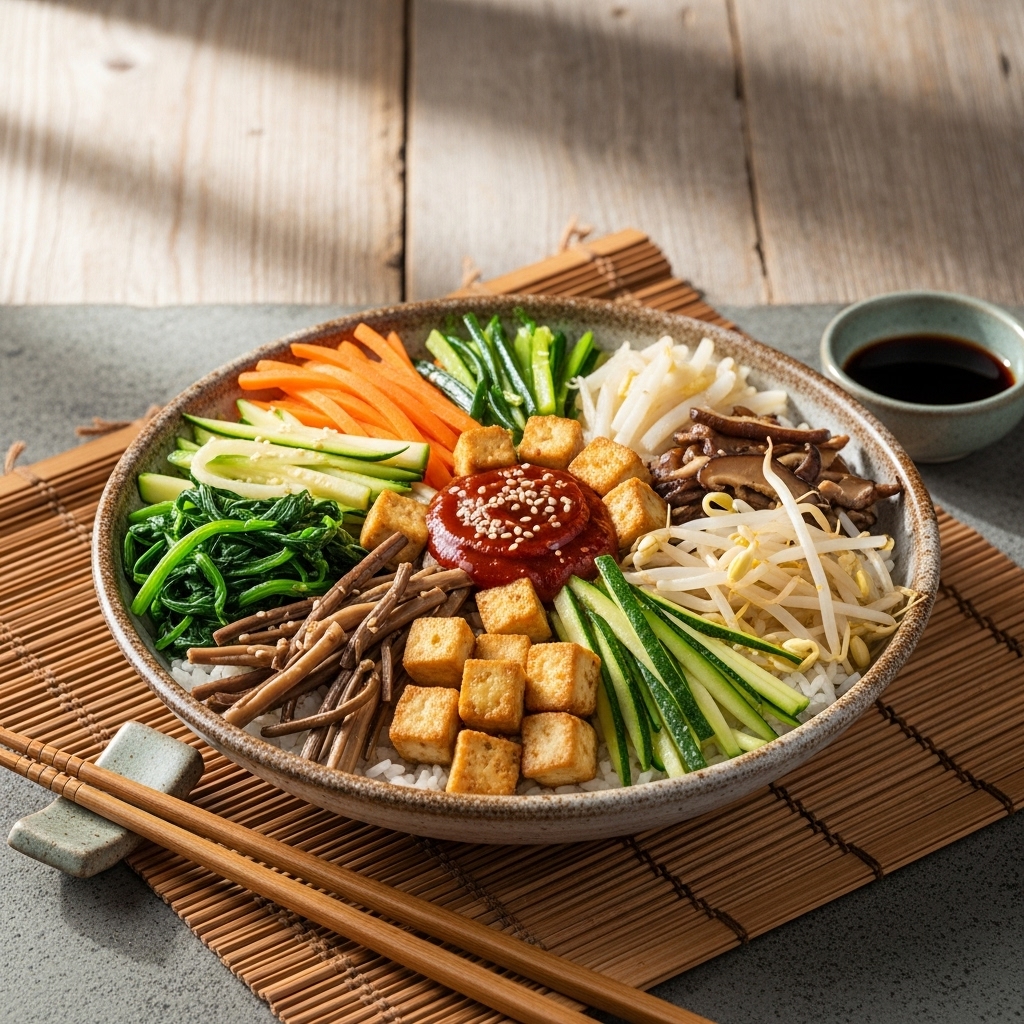 Vegan Korean Mixed Rice Bowl (Bibimbap) with Seasoned Vegetables and Tofu