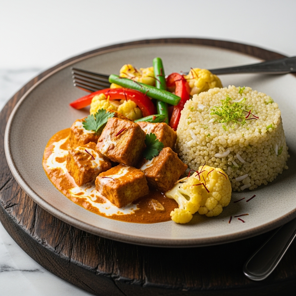 Vegan Makhani Tofu with Coconut Lime Quinoa & Saffron-Infused Vegetable Medley