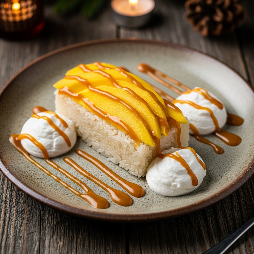 Vegan Mango Sticky Rice Coconut Clouds with Cashew Caramel Drizzle