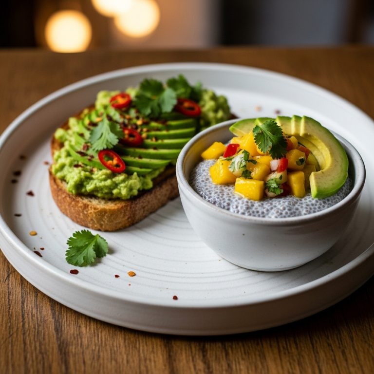 Vegan Mexican Brunch Delight: Scrumptious Chia Pudding with Creamy Mango Salsa and Avocado Toast