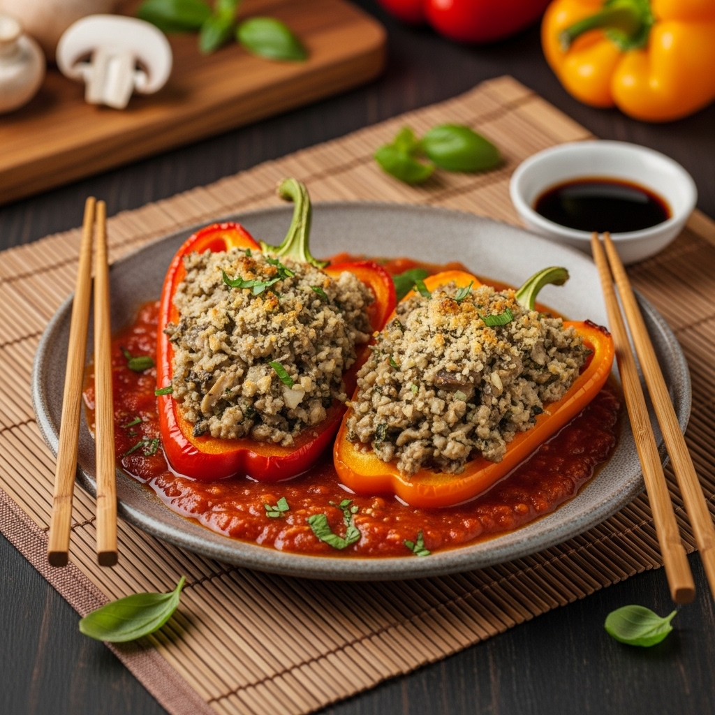 Vegan Chilean Lunch: Aromatic Quinoa-Stuffed Bell Peppers in Tomato Sauce