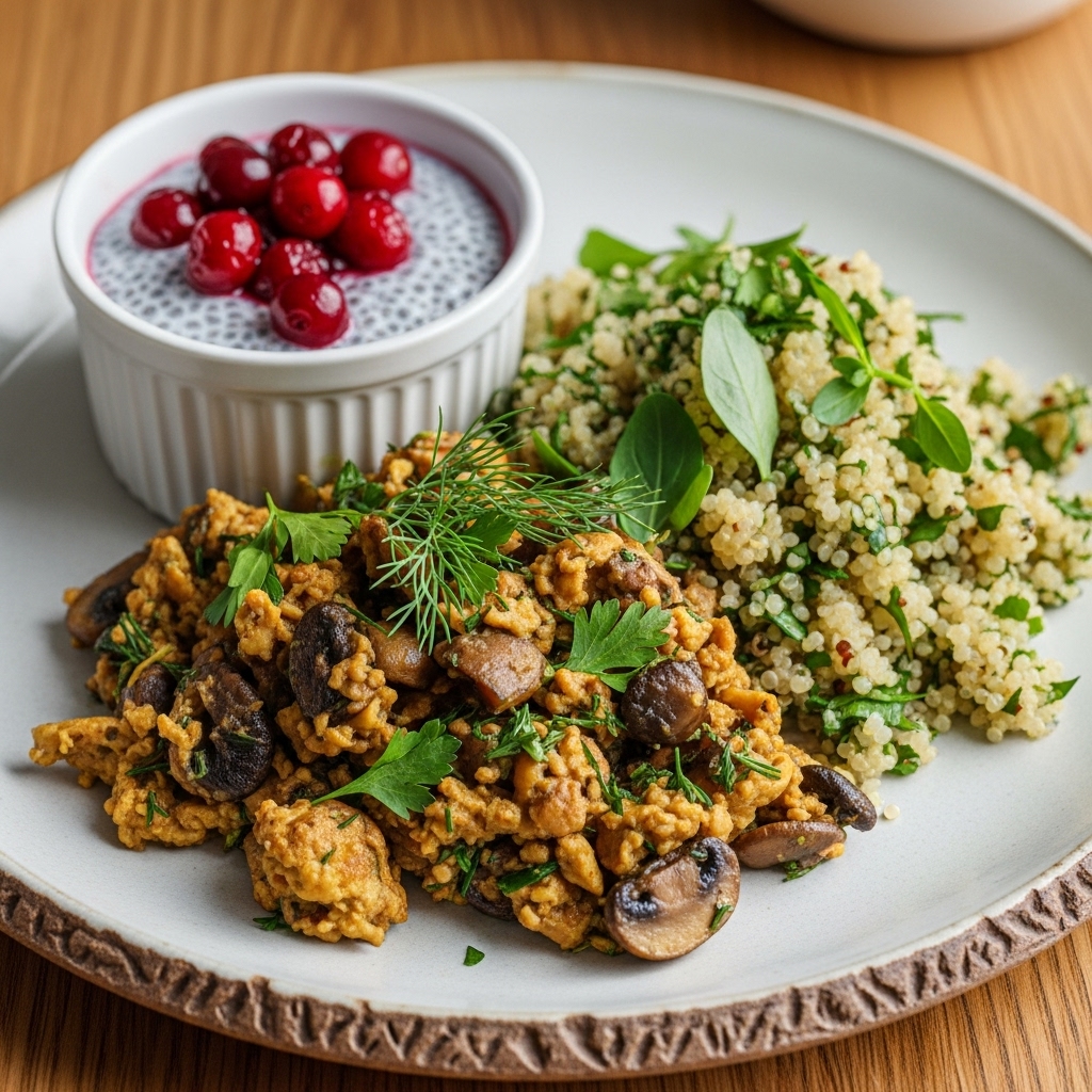 Vegan Nordic Breakfast Delight: Mushroom Scramble, Herbed Quinoa, and Cranberry Chia Pudding