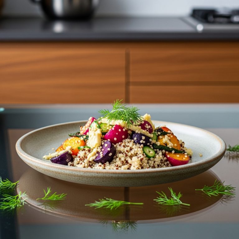 Vegan Nordic Lunch Bowl: Creamy Quinoa, Roasted Root Vegetables & Dill-Lemon Tahini Sauce