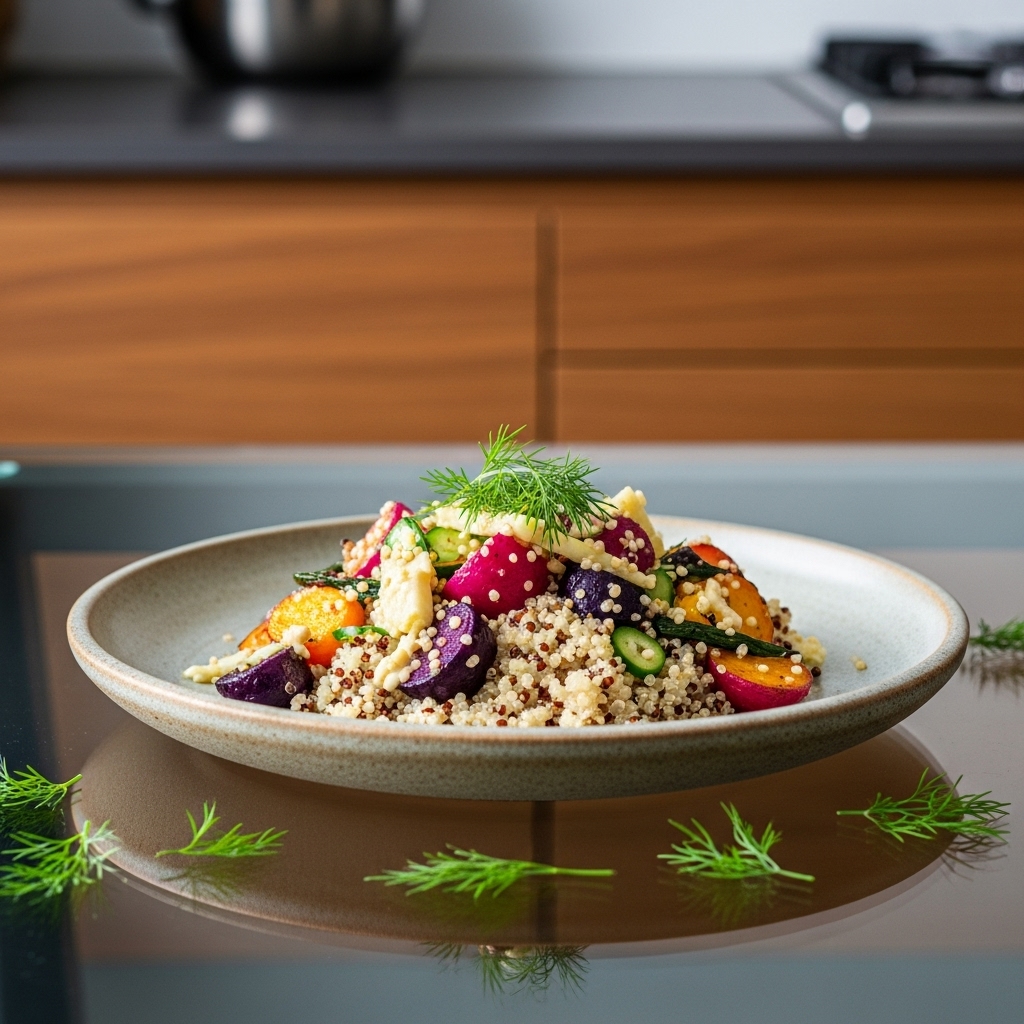 Vegan Nordic Lunch Bowl: Creamy Quinoa, Roasted Root Vegetables & Dill-Lemon Tahini Sauce