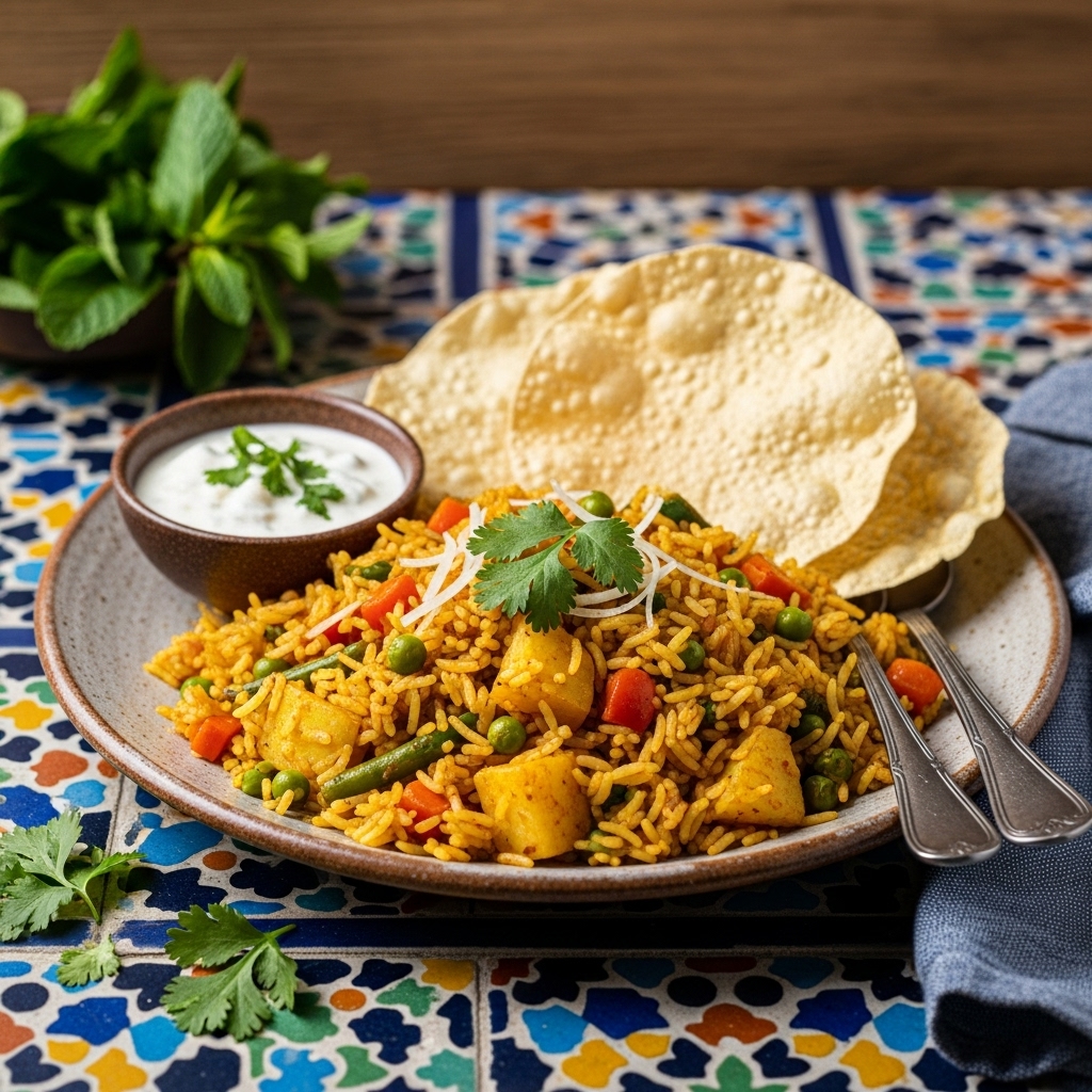 Vegan Pakistani Breakfast: Mouthwatering Scented Rice with Spiced Vegetables and Crunchy Pappadums